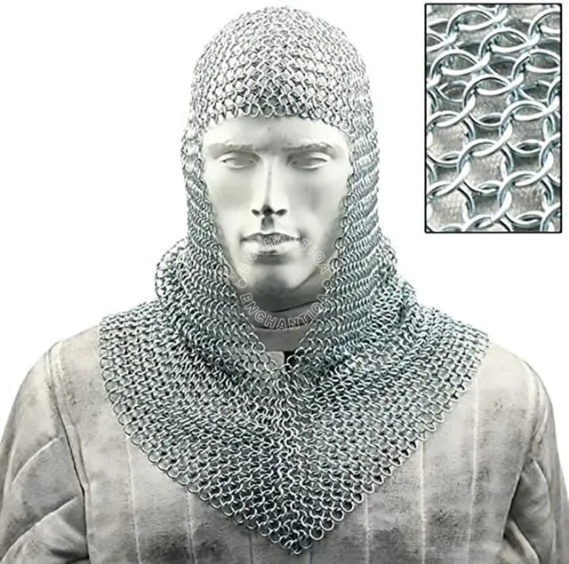 Steel 16 Gauge Knights Chain Mail Coif -- Battle-Ready Chainmail Hood Armor