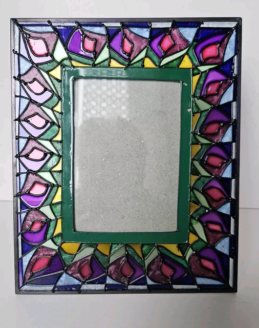 Cadre Photo En Verre Motif Vitraux - 22,5x18,5 Cm - État Quasi Neuf