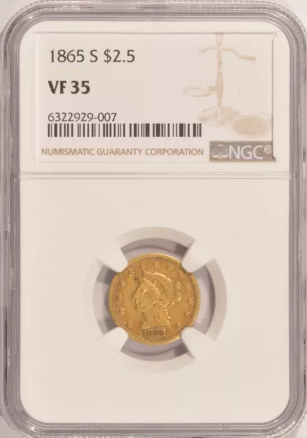 1865-S $2.50 Liberty Gold Quarter-Eagle Coin NGC VF35 Pre-1933 Gold