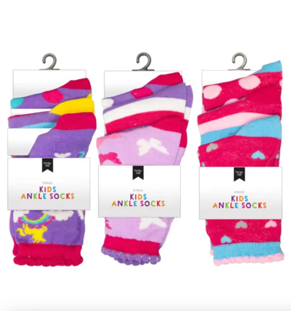 3Pk Girls Ankle Socks Children Kids Multicoloured Design Novelty