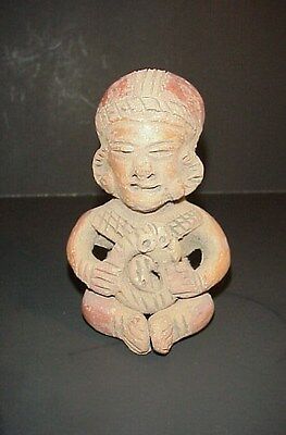 Pre-Columbian Mayan Antique Redware Clay Terracotta Figure Statue Seated Man