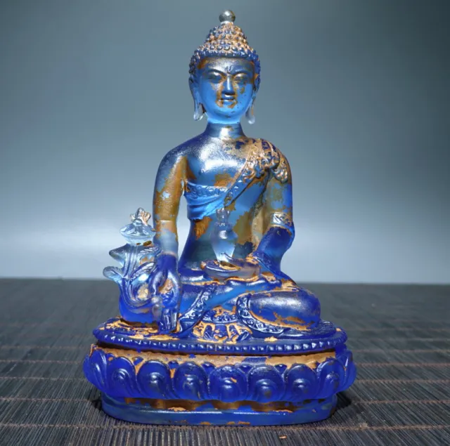 Chinese Blue Glaze Carved Gilded Sakyamuni Medicine Buddha Statue Sculpture Art