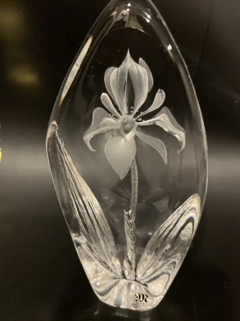 Mats Jonasson Maleras Sweden Full Lead Crystal Etched Iris Flower Paperweight
