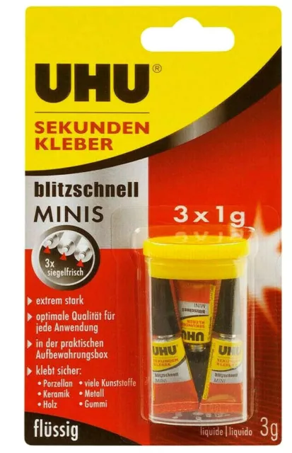 UHU 3 x 1 g Sekundenkleber flüssig blitz schnell Minis Tuben Kleber extrem stark