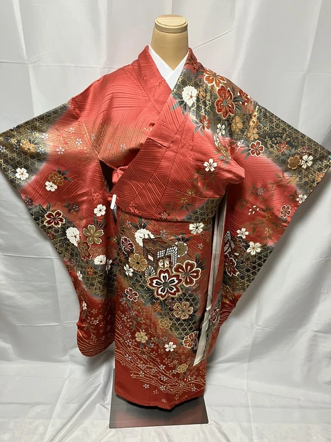 S018 Japanese Vintage Kimono Furisode 100%SILK/Pinkish Red Gold/Height 150cm