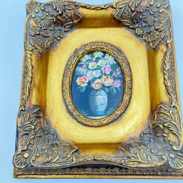 Miniature Flower Floral Roses Bouquet Vase Framed Oil On Board Vintage Gold Art