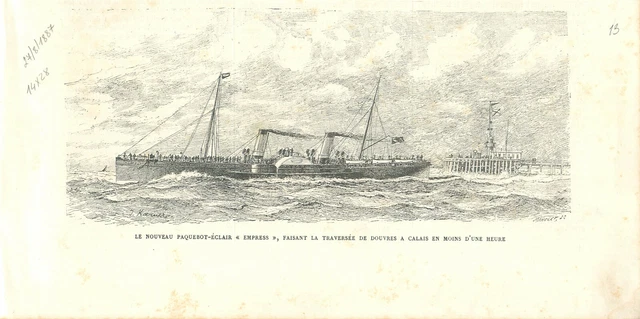 Paquebot-éclair Empress faisant la traversée de Douvres à Calais en GRAVURE 1887