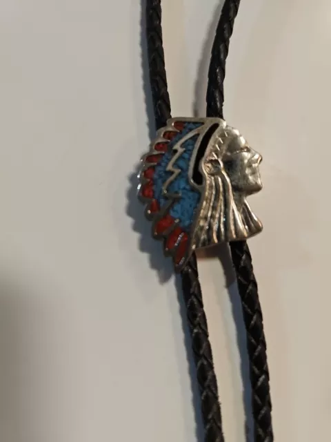 Bolo Tie Turquoise Coral Chip Inlay Indian Head Sterling Silver Vintage Native