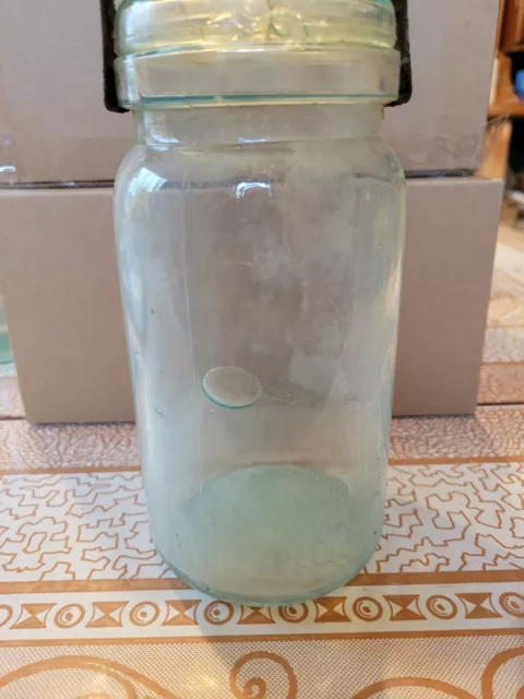 Antique Blue Glass Quart Jar w/ Zinc Lid Bubbles No Markings UNIQUE