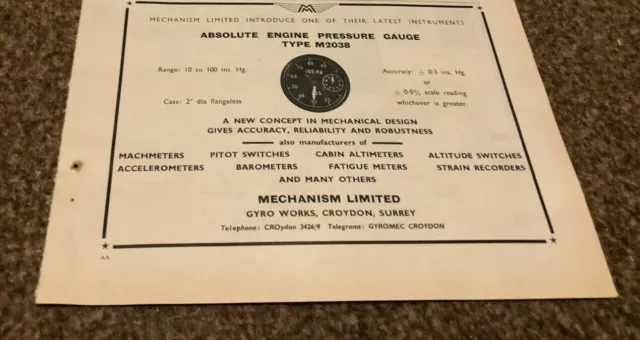 AC48 ADVERT 11x8 MECHANISM LIMITED GYRO WORKS - ENGINE PRESSURE GAUGE M2038