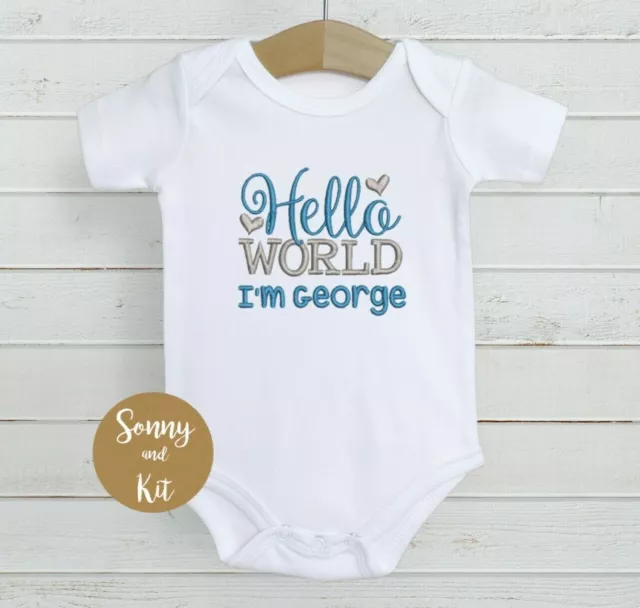 Personalised Baby Vest Bodysuit, Embroidered Clothes, Boy Gift, Hello World