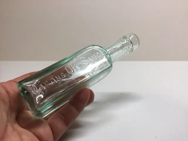Small Antique Aqua Mason's Ok Sauce Bottle.