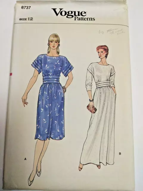 Vestido Noche Rodilla con Cinturón 12 Vogue 8737 Patrón de Costura UC Vtg 80s
