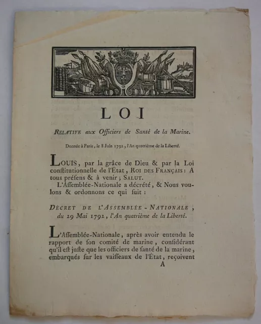 Loi relative aux Officiers de Santé des Colonies Orientales et Occidentales.1792