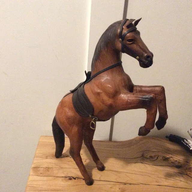 Vintage 13" Paper Mache Leather Brown Horse Statue Rearing With Saddle & Bridle