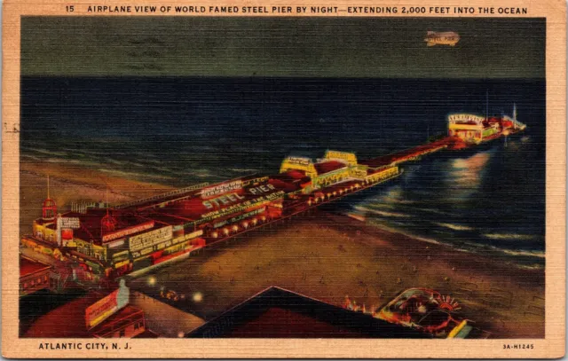 Airplane View Steel Pier By Night Atlantic City New Jersey Blimp c1939 Postcard