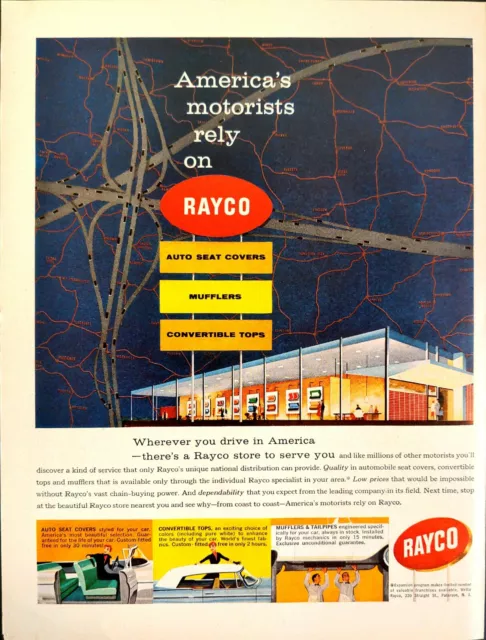 1958 Rayco Stores Auto Sear covers Mufflers Convertible Tops National Print Ad