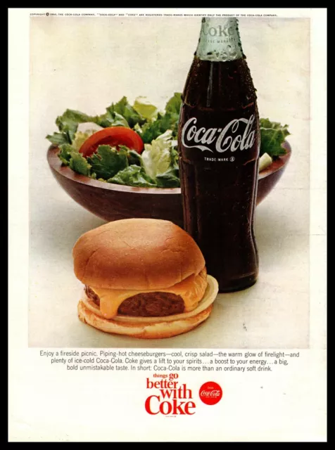 1966 Coca Cola Soda Bottle Cheesburger & Salad Coke Soft Drink Vintage Print Ad