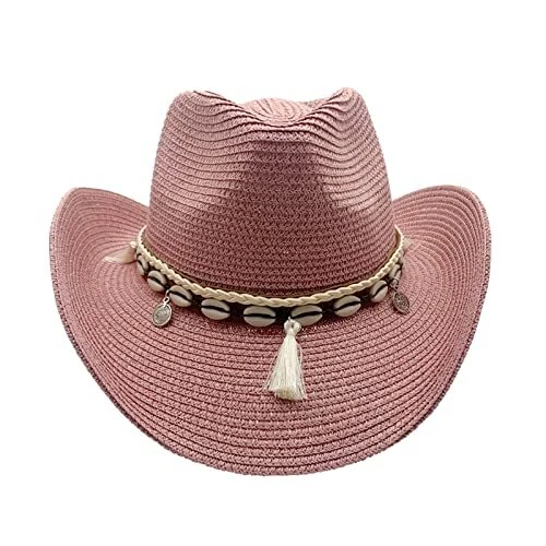 Women Beach Sun Hat Western Straw Cowboy Hat Wide Brim Hats Summer, Pink