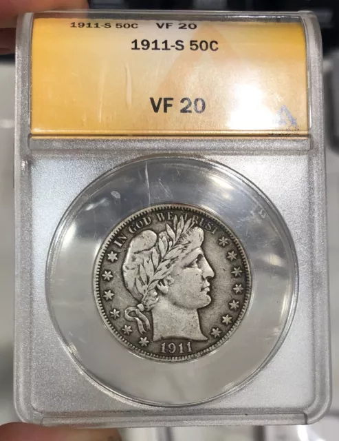 1911-S Barber Half Dollar graded VF20 by ANACS Better Date Original Coin PQ+