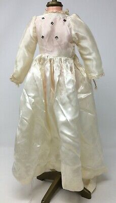 Vintage Victorian Ivory Doll Gown Dress  Lace Trim Rhinestones Longer Back