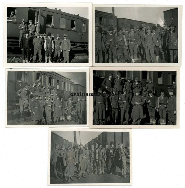 5x Orig. Foto Gebirgsjäger m. Bevölkerung am Eisenbahn Zug Bahnhof Rumänien 1941