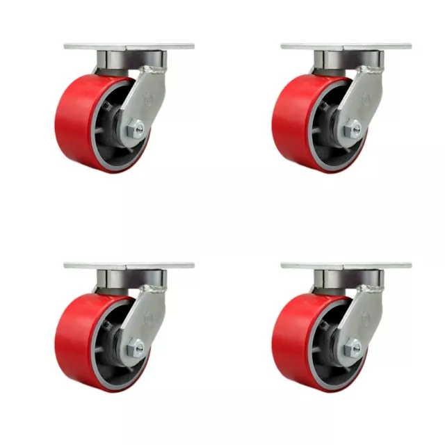 6 Inch Heavy Duty Red Poly on Cast Iron Swivel Caster Set with 2 Swivel Locks