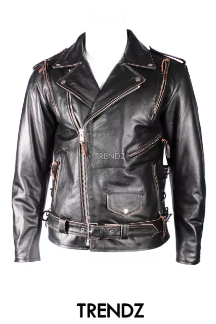 Men's BRANDO WORN EDGE Cruiser Biker Style Motorcycle Cowhide Leather Jacket