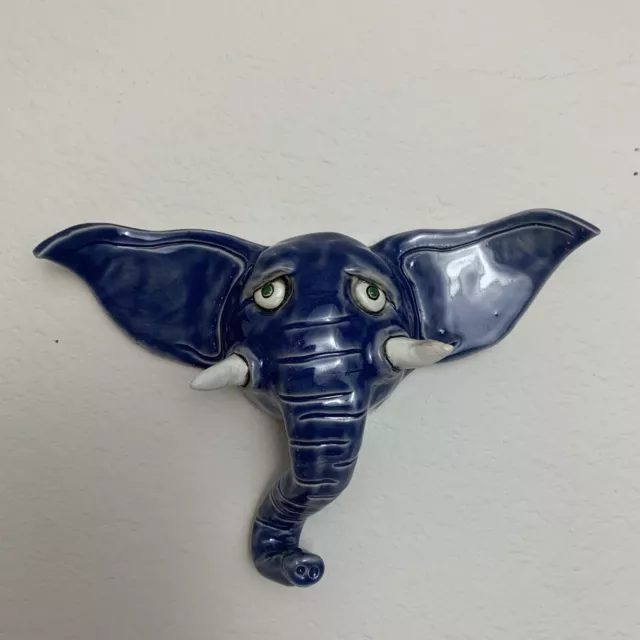Blue Elephant Head Studio Wall Art Plaque Worried  Green Eyes Hanging