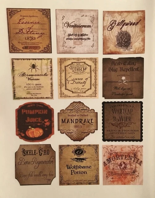 12 APOTHECARY POTION Bottle LABELS 2” Harry Potter Party Prop Halloween ...