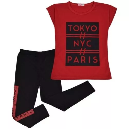 Top Bambina Maniche Corte Tokyo, Nyc, Paris Stampa Rosso T Shirt & Set Leggings