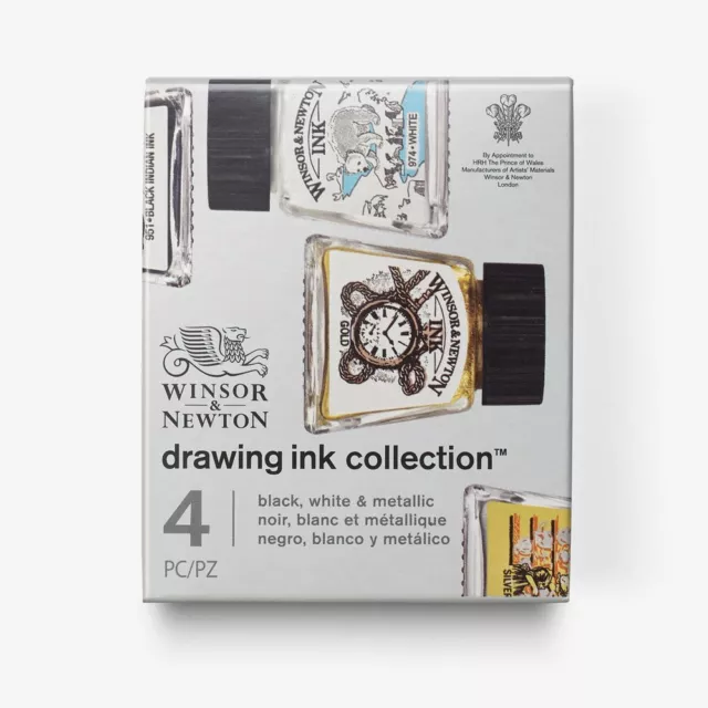 Winsor Newton Drawing Ink Collection Encre à Dessiner X4 Noir Blanc Metallique