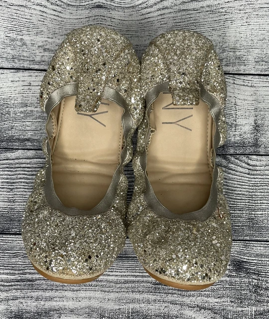 YNY Womens Flats Gold Sequin Ballet Round Toe Elastic Size 11