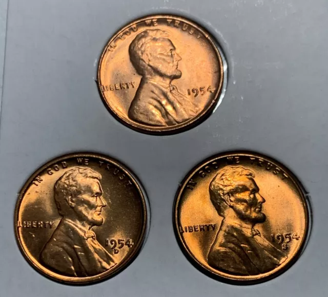 BU Red Gem 1954 P D S Lincoln Wheat Cent  3 Penny Set Superb Looking Coins