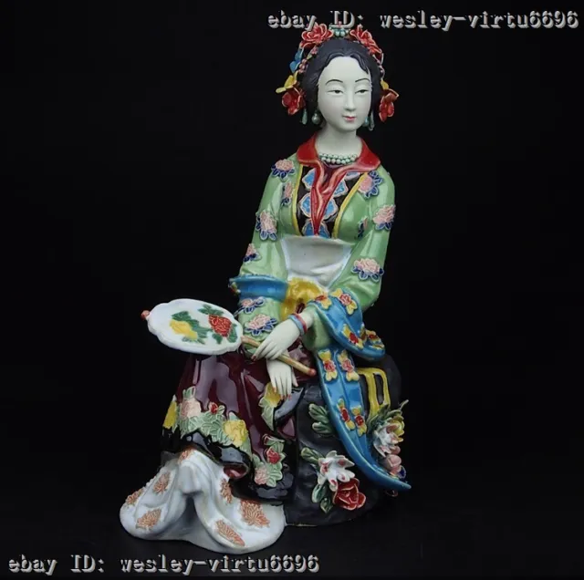 Folk Pottery Wucai Porcelain Sit Woman Ladies imperial concubine Hold Fan Statue