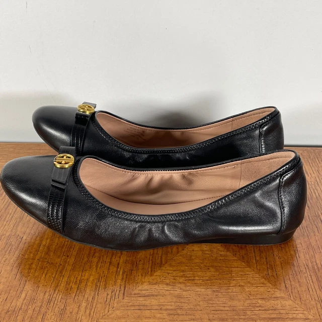 Cole Haan Womens Tova Bow Ballet Flat Black Gold Reptile-Embossed-Strap Size 9 B