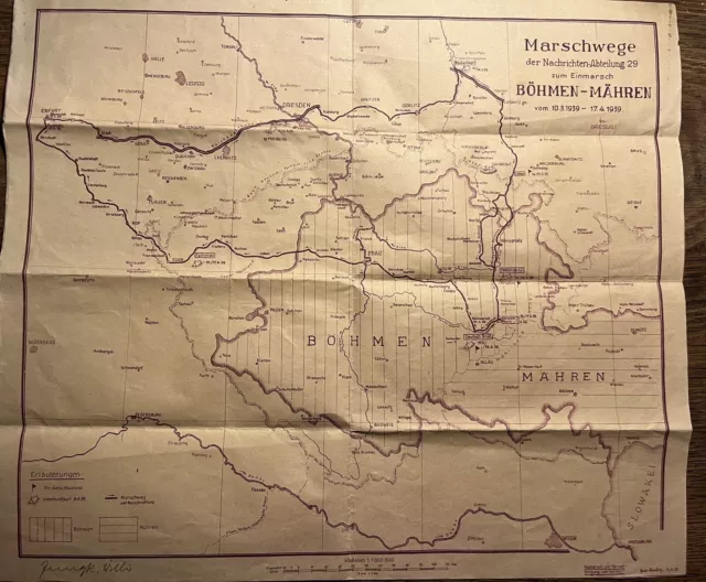 Militärkarte: Marschwege d. Nachrichten-Abteilung 29 zum Einmarsch Böhmen-Mähren