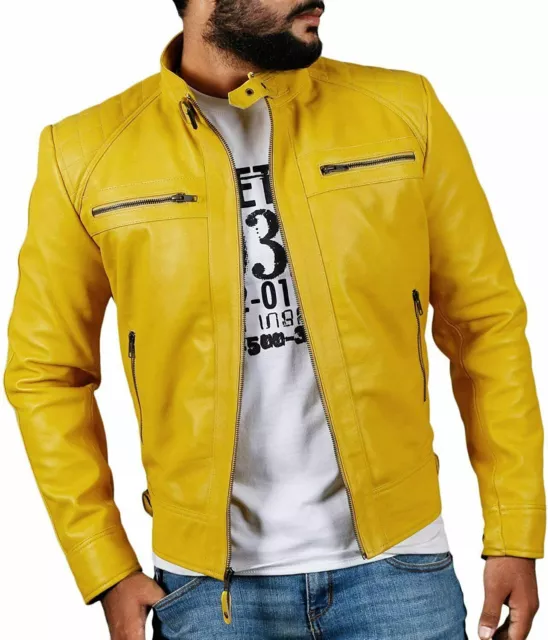 Homme Jaune Veste Cuir Véritable Peau D'Agneau Slim Fit Veste Moto