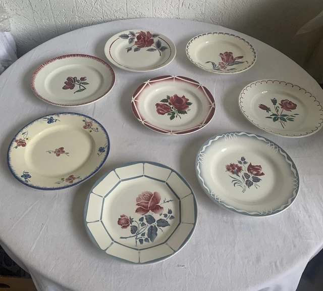 8 assiettes plates anciennes differentes digoin + divers decor fleurs Tbe