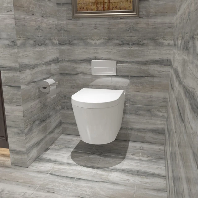 RIMLESS WALL MOUNTED Toilet Bathroom White Soft Close Seat Short