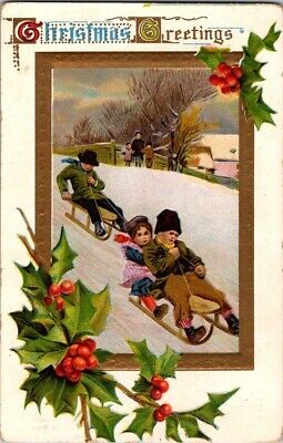Postcard~Christmas Greetings~Holly Children Sledding  Gold Foil Embossed