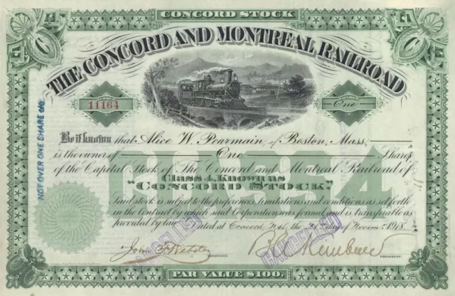 Concord & Montreal Railroad Co. - Stock Certificate - Railroad Stocks