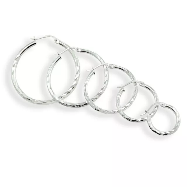 Sterling Silver 2mm Diamond Cut Round Hoop Earrings, Choose A Size & Color