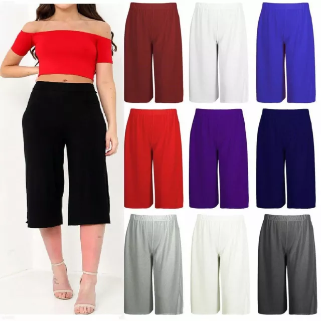 3/4 LENGTH WOMENS LADIES STRETCH ELASTICATED WAIST PLAIN PANTS CROPPED  TROUSERS