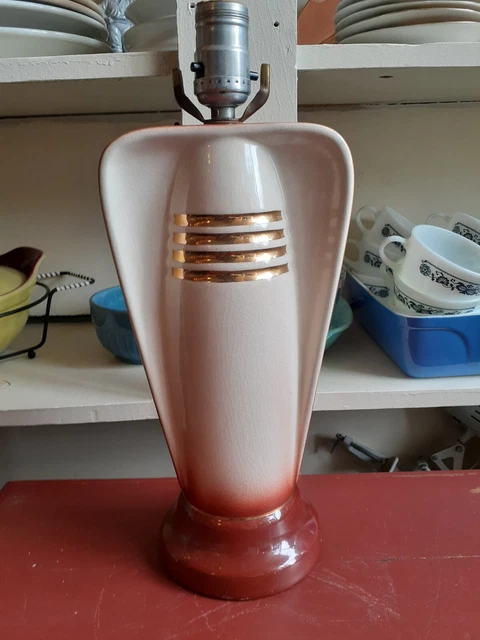 Vintage 1950s Art Deco Ceramic Table Lamp Cream Burgundy Gold Atomic Modern MCM