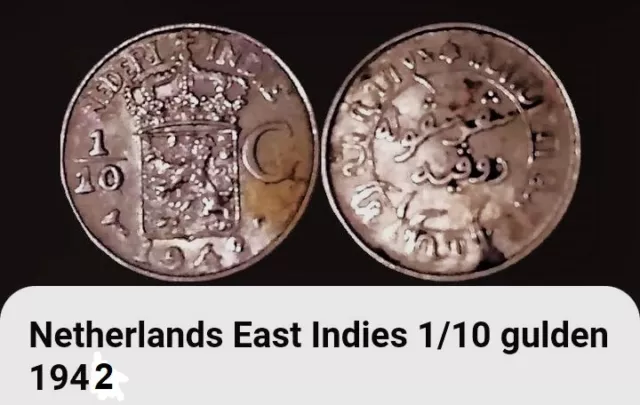 1942 Netherlands East Indies 1/10 Gulden Coin, BONUS OFFER. 0.720 Silver.