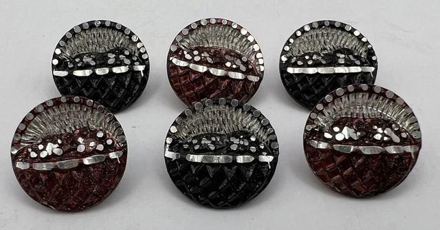 Antique Victorian Basket BUTTON SET of 6 red and black Rare