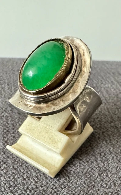 Bague Vintage Moderniste Brutaliste En Argent Massif Et Pierre Rose - Poinçon - Occasion