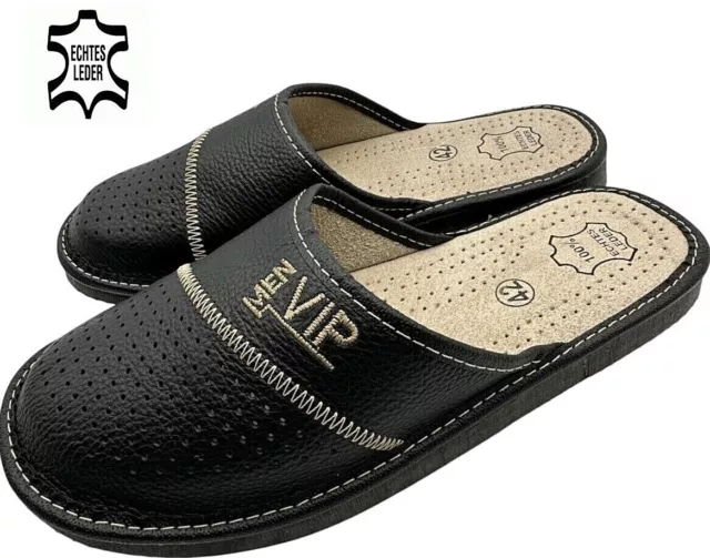 ✅ VIP Herren Leder Echtleder Hausschuhe Latschen Pantoffeln schwarz  40- 48 3