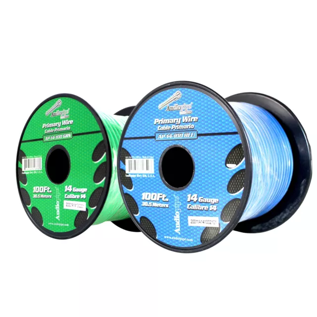 Bote de cable remoto de alimentación a tierra primaria Audiopipe (2) 14ga 100 ft CCA azul/verde